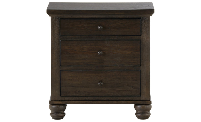 Dark wood nightstand with three drawers on a white background